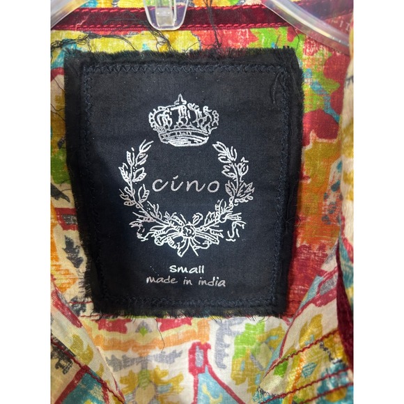 Cino Medallion Button Down Shirt Women's S Velvet Trim Red Crinkle Cotton BOHO - Picture 7 of 12